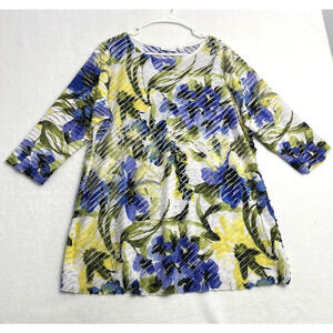 Susan Graver Floral Ruffled Pintuck Tunic Top 3/4 Sleeves Stretch Size 1X